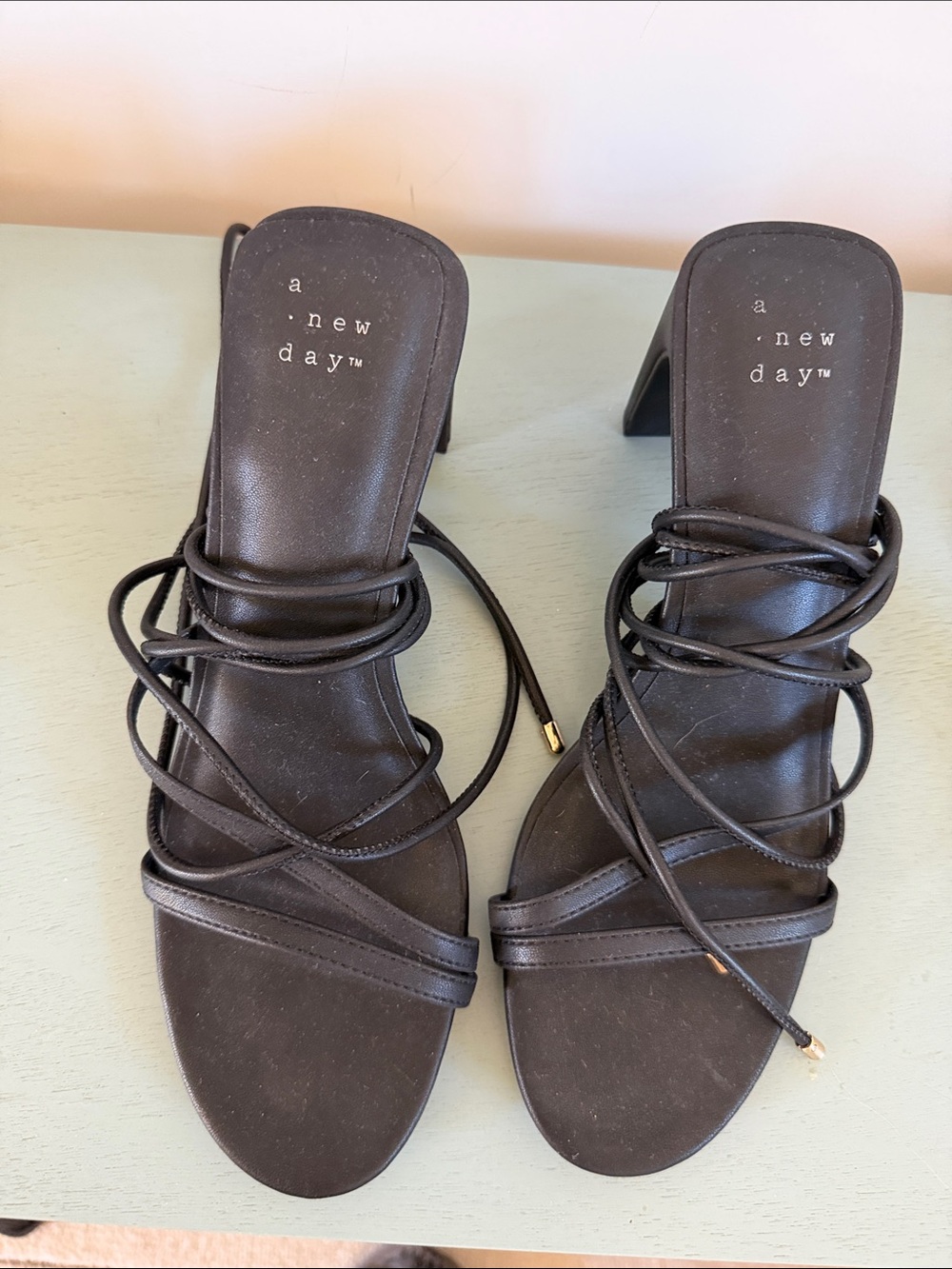 a new day Black Wrap-Strap Square-Toe Heeled Sandals.  Never worn